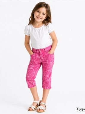 Sz 6 girls pink rose print jean capri pants squeeze